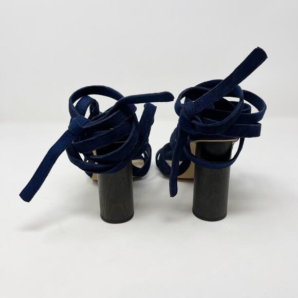 Aldo Womens 6.5 Navy Blue Lace Up Suede Heels 4" Round Wood Heels Open Toes - Picture 2 of 16